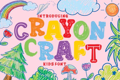 Capturing the spirit of uninhibited childhood creativity, Crayon Craft - Kids Font serves as a delightful homage to playful, hand-drawn designs. It beautifully mirrors the uneven yet charming forms sy... Crayon Font, Crayon Crafts, Kid Fonts, Craft Display, Display Fonts, Rainbow Background, Art Deco Patterns, Kawaii Doodles, Font Generator