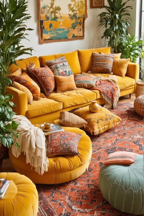 25 Yellow Couch Living Room Ideas for 2024 – The Crafty Hacks Yellow Couch Boho Living Room, Yellow Floor Living Room, Yellow Couch Styling, Yellow Couches Living Room, Boho Maximalist Living Room, Living Room With Yellow Couch, Mustard Yellow Couch Living Rooms, Yellow Apartment Decor, Home Decor Ideas Yellow