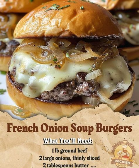 French Onion Soup Burger Recipe, French Onion Soup Burger, Onion Soup Burgers, Ful Recipe, Onion Burger Recipe, Meringue Pie Recipes, Onion Burger, Deli Food, Giada De Laurentiis