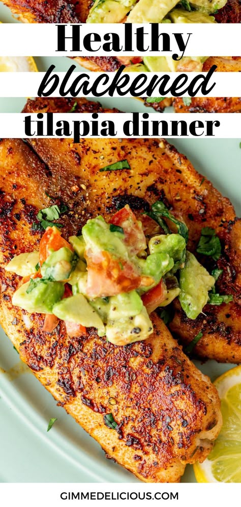 Healthy, Fresh, and Flavorful Blackened Tilapia coated with a generous blend of spices that transform this humble cut of fish into a 5-star dish! Make this tasty and easy recipe from gimmedelicious.com Blackened Talapia Ideas, Tilapia And Veggies Recipes, Blackened Talipia Recipes Skillet, Fish Recipes For Dinner Healthy, Blackened Tilapia Tacos, Blackened Tilapia Recipes Air Fryer, Tilapia With Shrimp Recipes, Whole30 Tilapia Recipes, Healthy Baked Tilapia