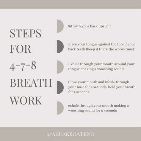 Enter in relaxation within minutes 🧘🏾‍♀️ Breathing is a great way to do so, but often gets overlooked when we find ourselves in stressful situations. By engaging in deep breathing, we can calm both our body and mind. The 4-7-8 breathing is a great technique to help control your breathing and create a sense of rest and relaxation while reducing stress. 478 Breathing Technique, 4 7 8 Breathing Technique, 4 7 8 Breathing, Self Soothing Techniques, Breathe Work, Activities Adults, Breathwork Meditation, Moon Manifestation, Sinus Congestion Relief