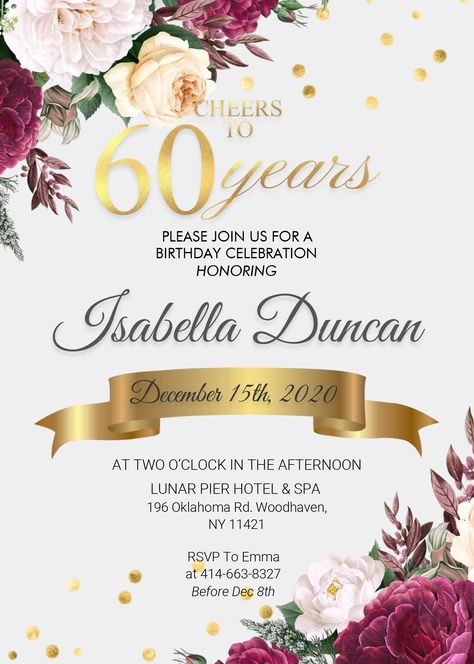 Free Floral 60th Birthday Invitation Templates - Editable With MS Word #free #freeinvitation2019 #birthday #disney #invitations #invitationtemplates Invitation Card For 60th Birthday, 60th Birthday Invitation Card Template, 60th Invitations Birthday, 60th Birthday Ideas For Mom Invitations, 60th Bday Invitation Ideas, 60th Invitation Ideas, 60th Birthday Invitation Template Free, 60th Birthday Invite Template, 60th Birthday Invites For Mom