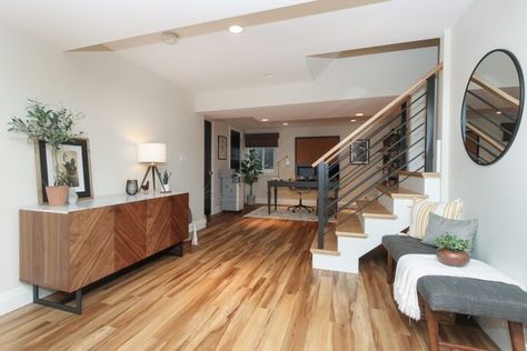 Deer Park Mid Century Modern Basement Remodel Mid Century Modern Basement, Mid Century Basement, Functional Basement, Modern Contemporary Interior Design, Modern Wood Floors, Modern Remodel, Modern Basement, Modern Flooring, Mid Century Modern Wood