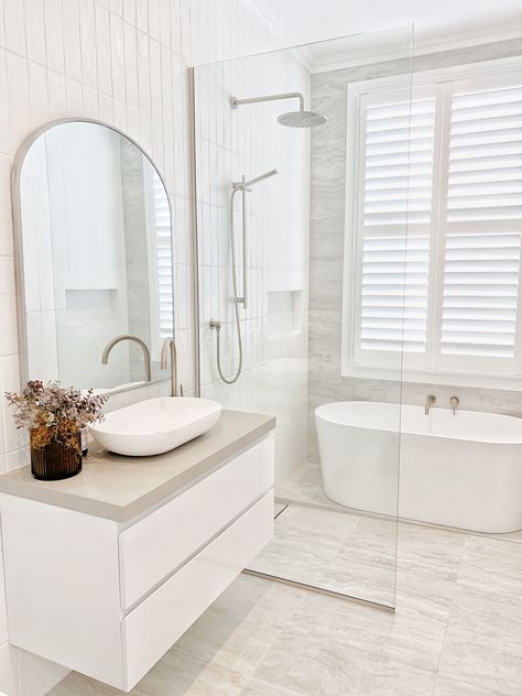 Check out this amazing renovation in Auckland by Sarah Foot Design. ⁠Our beautiful Brushed Nickel range was the perfect choice to blend in with the subtle textured design. ⁠ ⁠ Choosing the classic Brushed Nickel finish and pairing with the two-tone tiles, helps to balance out the neutral palette.⁠ ⁠ Dreaming of a long soak in the bath on a cold winter's night here 🛁🍷⁠ ⁠⁠ *Featured ABI Products - All from our Brushed Nickel Range⁠ Makeover Kamar Mandi, Small Bathroom Makeover, Room Renovation, Bathroom Layout, Bathroom Renos, Laundry In Bathroom, Bathroom Style, House Bathroom, Beautiful Bathrooms