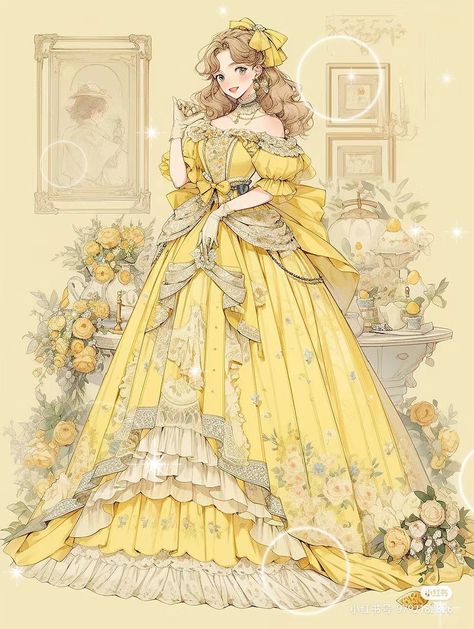 Victorian Dress Yellow, Fantasy Ballgowns, Noble Outfit, Yellow Gowns, Dresses Drawing, Dresses Victorian, Fashion Illustration Tutorial, Fashion Design Drawing, Yellow Gown