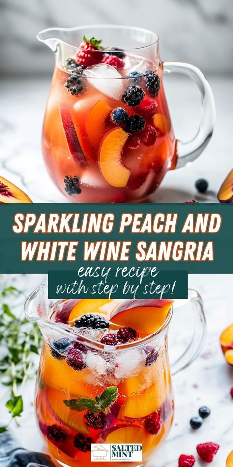 Elevate your brunch game with a simple, yet sophisticated Peach Sangria. Fresh white peaches soaked in white wine, topped off with sparkling champagne or prosecco, make every sip a celebration. Ideal for Mother's Day or as a refreshing treat for any occasion. Mother’s Day Sangria, Sangria With Champagne, Sangria With Prosecco, Easy White Sangria Recipe, Peach Sangria Recipes, Champagne Sangria, Prosecco Drinks, White Peach Sangria, White Sangria Recipe