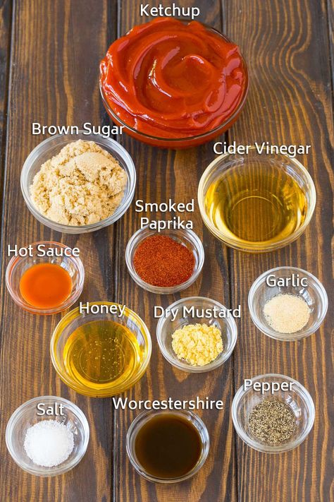 Bowls of ingredients including ketchup, vinegar, brown sugar and spices. Homemade Barbeque Sauce, Bbq Chicken Marinade, Bbq Sauce Homemade Easy, Make Bbq Sauce, Homemade Bbq Sauce Recipe, Homemade Barbecue, Sweet Bbq Sauce, Homemade Bbq Sauce, Tangy Bbq Sauce