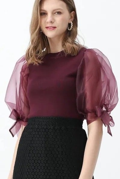 Organza Sleeves Style, Organza Top Styles, Organza Tops, Outfit Rotation, Organza Shirt, Organza Top, Fancy Tops, Fashion Tops Blouse, Trendy Blouse Designs