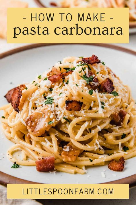 Pasta Carbonara Homemade Carbonara Pasta, Carbanerra Pasta Authentic, Carbanora Recipe Easy, Quick Carbonara Recipe, Bacon Carbonara Pasta, Carbonara Recipe Authentic, Carbonara Recipes, Pasta Recipes For Lunch, Simple Pasta Recipe