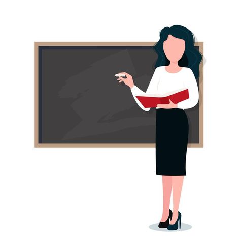 Female teacher in classroom. Smiling woman teacher standing by blackboard or chalkboard in the classroom. School and learning concept, teacher s day. Teachers Illustration, Woman Teacher, Chalkboard Classroom, Teacher Cartoon, Surealism Art, Vector Character Design, Smiling Woman, Bookmark Craft, Female Teacher