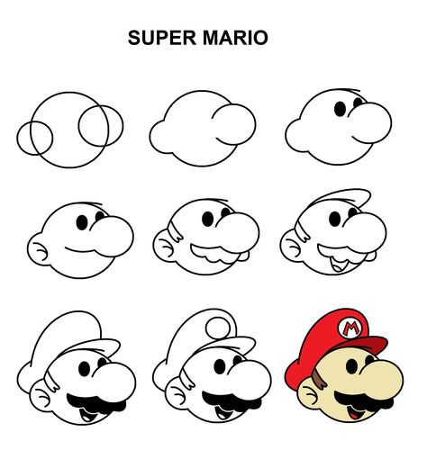 Step-by-step tutorial to draw Super Mario. Simple Mario Drawing, Mario Drawing Easy Step By Step, How To Draw Mario Step By Step, Super Mario Drawing, Draw Super Mario, How To Draw Mario, Mario Drawing, Disney Drawing Tutorial, Easy Cartoon Drawings