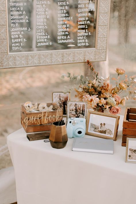 An Autumnal Boho Wedding with Rust Bridesmaid Dresses, Lush Fall Florals and Bronze Details via Rust Bridesmaid Dresses, Guest Book Table Decor, Fall Wedding Guest Book, Wedding Guest Book Table, Baby Shower Deco, Rustic Boho Wedding, Barn Wedding Decorations, Guest Book Table, Card Table Wedding