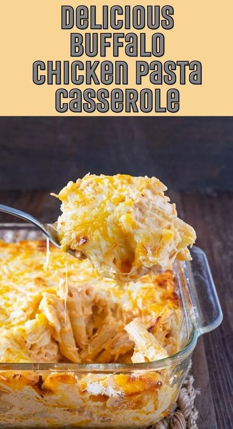 Delicious Buffalo Chicken Pasta Casserole - TASTYDONE Buffalo Casserole Recipes, Canned Chicken Recipes Buffalo, Buffalo Chicken Dip Casserole, Baked Buffalo Chicken Pasta, Buffalo Chicken With Canned Chicken, Buffalo Chicken Pasta Casserole, Buffalo Pasta Bake, Buffalo Chicken Casserole Recipes, Buffalo Chicken Pasta Recipes