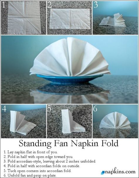 How to: Standing Fan Napkin Fold Fan Napkin Fold, Diy Napkin Folding, Napkin Folding Tutorial, Napkin Folding Ideas, Fancy Napkin Folding, Easy Napkin Folding, Paper Napkin Folding, Camping Knots, Napkin Folds