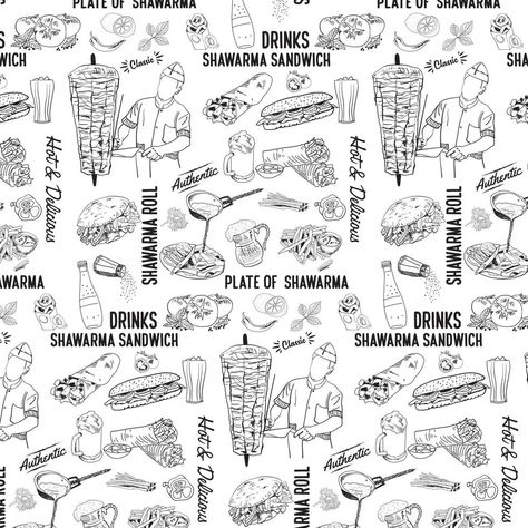 Shawarma cooking and ingredients for kebab pattern Shawarma Background Design, Shawarma Design, Shawarma Ingredients, Wall Art For Cafe, Mardi Gras Background, Food Stall Design, Paper Bag Design, Bakery Decor, Menu List