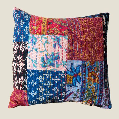 Colourful Patchwork Cushion Cover These beautiful cotton kantha cushion covers are sure to bring a dash of colour and vibrancy to your home. Upcycled and ethically handmade from fabric scraps by traditional Rajasthani tailors. Each eye catching cover is unique and features detailed running lines of kantha stitching front side with a solid colour back. You may find slight imperfections not faults showing only the recycled, handmade character. · 100% cotton · Recycled · 16'' x 16'' (41cm x 41cm) · Patchwork Diy, Kantha Cushions, Japanese Quilts, Pattern Quilt, Quilt Square Patterns, Patchwork Cushion, Crazy Patchwork, Patchwork Quilt Patterns, Patchwork Quilting