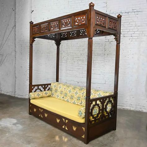 Vintage Chinoiserie Hand Carved Canopy Daybed Style of Chinese Wedding Bed For Sale at 1stDibs | ming dynasty marriage bed, teak chinese wedding bed Colored Stained Wood, Canopy Daybed, Chinese Bed, Daybed Styles, Daybed Canopy, Wedding Bed, Canopy Beds, Vintage Chinoiserie, Twin Mattress Size