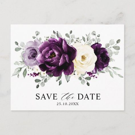 Eggplant Purple Plum Ivory White Save The Date Postcard #zazzle #weddinginvitations #birthdayinvitations #babyshowerinvitations #zazzleinvitations #monogram #businesscards #graduation #homedecor Ivory Wedding Invitations, Wedding Invitation Message, Plum Wedding, Dark Wedding Theme, Save The Date Postcard, Floral Save The Dates, Wedding Invitation Video, Cream Wedding, Purple Plum