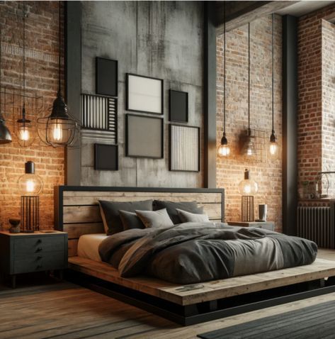 Modern Industrial Bedroom Design, Modern Boho Bedroom Ideas, Modern Industrial Bedroom, Modern Eclectic Interior Design, Industrial Bedroom Design, Industrial Style Interior, Modern Boho Bedroom, Japanese Home Design, Concrete Interiors