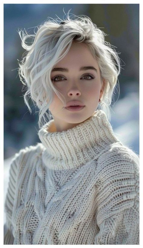 White Hair Photography, Winter Blonde Hair, Winter Portrait, Art Breeder, Winter Blonde, Valentines Bricolage, Woman Hairstyles, People References, Ombre Bob