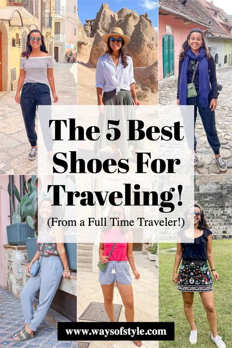 Packing for your next adventure? 🌍🧳 Don't forget your shoes! And no, you don't need 10. Check out my top 5 picks for the best shoes for travel that will have you exploring in style and comfort. 🛫✨ Trust me, I've learned a lot about the best travel shoes as a full time traveler, and today I'm sharing everything I know! Read the article and don't overpack for your next trip! 🌟 By Ways of Style #travelshoes #travelstyle #capsulewardrobe Travel Outfits With Tennis Shoes, Women Summer Travel Outfits, Shoes For Switzerland, Europe Travel Shoes, Best Traveling Shoes For Women, Comfy Travel Shoes Women, Vacation Outfits For Walking, Shoes To Pack For Travel, Travel Comfortable Outfits