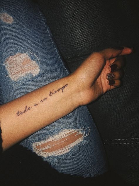 TATTOO IDEA // There’s a time for everything. // Todo a su tiempo #tattoosforwomen #tattooideas #todoasutiempo #tattooquotes #positive #tattoos Here For A Good Time Tattoo, Risk Nothing Gain Nothing Tattoo Spanish, Time Quotes Tattoo, For You A Thousand Times Over Tattoo, Time Quote Tattoos, Take Your Time Tattoo, Healing Quotes Tattoo, Only Time Will Tell Tattoo, Time Heals Everything Tattoo