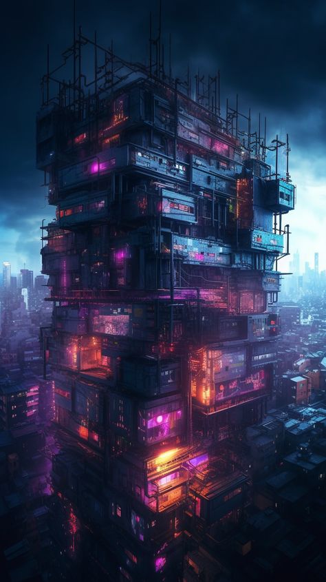 Cyberpunk World Building, Building Cyberpunk, Cyberpunk Art Futuristic Architecture, Nightcity Cyberpunk, Cyberpunk Apocalypse, Cyberpunk Architecture, Anime Building, Mega Building, Cyberpunk Artwork