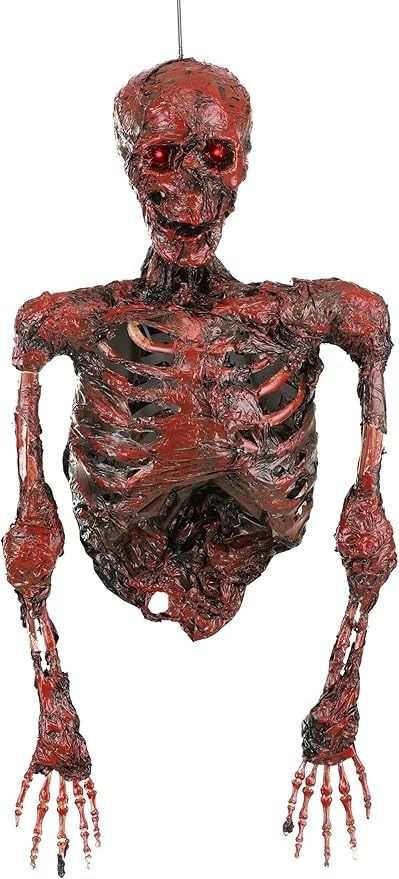 Amazon.com: Fun Costumes Hanging Red Half Skeleton Halloween Outdoor & Indoor Decoration, Light-Up LED Eyes Battery Operated Yard Display Decor : Home & Kitchen Eyes Halloween Decoration, Halloween Decorations Outside, Half Skeleton, Creepy Halloween Props, Posable Skeleton, Horror Crafts, Eyes Halloween, Skull Wreath, Halloween Wood Crafts