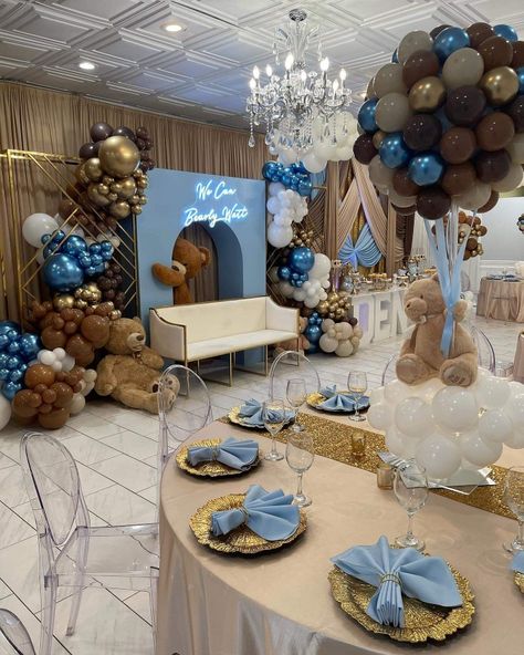 Babyshower Ideas Baby Boy, Baby Boy Gender Reveal Ideas, Babyshower Boy Theme Decoration, Black People Baby Shower Ideas, Blue Bear Baby Shower Theme Boy, Boy Baby Shower Ideas Black People, Boujee Baby Shower Ideas, Bears Baby Shower Theme, Baby Shower Ideas Boy Theme