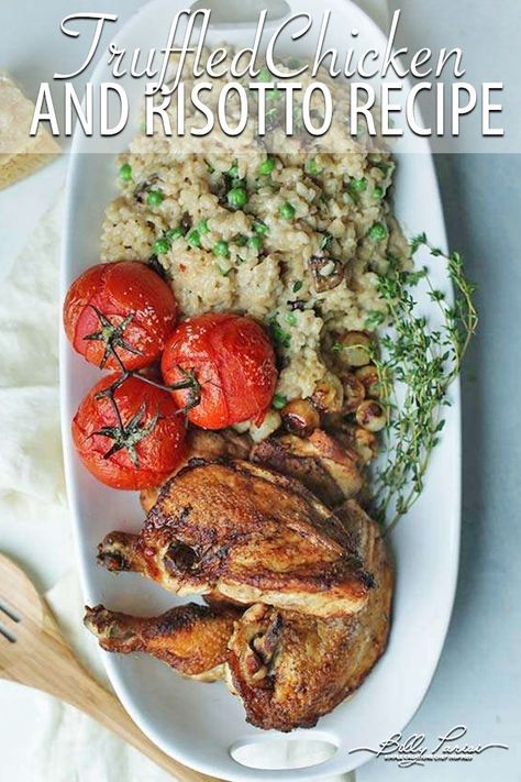 Truffle Butter Risotto Recipe with Roast Chicken and Herbs - perfectly pan seared whole chicken served alongside an amazing mushroom and creamy truffle risotto. #chicken #risotto #mushrooms #truffle #food Truffle Risotto Recipe, Truffle Food, Truffle Butter Recipe, Risotto Chicken, Truffle Risotto, Arancini Recipe, Chicken Risotto, Creamy Mushroom Soup, Risotto Recipe