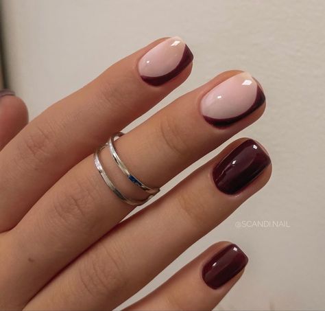 Simple Manicure Design For Short Nails, Solid And French Nails, Short Fall Design Nails, Short Nails For Doctors, Sophisticated Nail Colors, Short Gel Nails Maroon, Black Maroon Nails, Fall Nails Short Design, Autumn Nail Designs 2024 Short