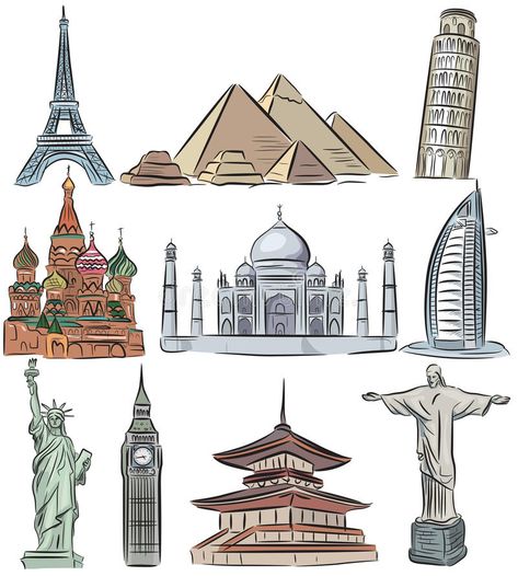 Architectural wonders of the world collection stock illustration 7wonders Of The World Drawing, Drawing Of The World, Wonders Of The World Drawing, Travel Around The World Drawing, World Sketch, Landmarks Of The World, Seven Wonders Of The World Drawing, 7 Wonders Of The World Drawing, World Trip