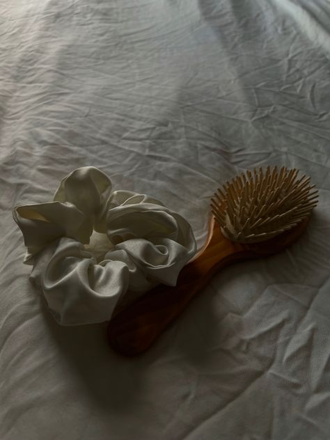 Wooden brush and silky scrunchy Wooden Hair Brush Aesthetic, Scalp Massage Aesthetic, Brush Hair Aesthetic, Wooden Brush Hair, Scalp Massager Aesthetic, Wood Hair Brush, Brushing Hair Aesthetic, Hair Growth Aesthetic, Hair Brush Aesthetic