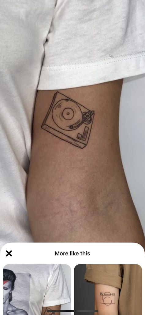 Turn Table Tattoo, Vinyl Tattoo Minimalist, Record Player Tattoo Simple, Ipod Tattoo, Music Tattoo Simple, House Music Tattoo, Music Tattoo Minimalist, Simple Music Tattoo, Cd Tattoo