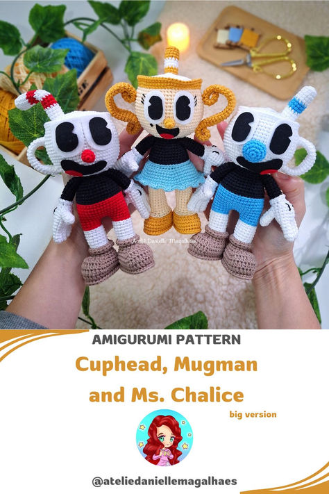 This is a digital file to make the Cuphead, Mugman and Ms. Chalice amigurumi doll.  Using the materials recommended in the pattern, the dolls are approximately 17 cm (6,69") for Cuphead and Mugman tall and 16 (6,29") for Ms. Chalice tall, excluding the straws.  There are written instructions along with many photos for reference. It's a very adequate project for intermediate level.  You are acquiring a digital good (PDF file), not the finished products. Cuphead Crochet Pattern Free, Chalice Cuphead, Ms Chalice, Cuphead And Mugman, Crochet Plushies, Green Frog, Digital Goods, Amigurumi Doll, Cute Crochet