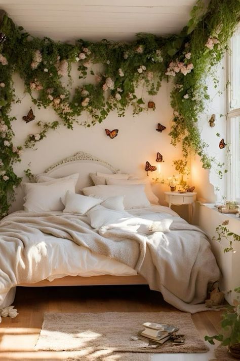 Fairy Like Room Decor, Fairy Tail Room Ideas, Small Room Fairycore, Bedroom Idea Women, Fairy Aesthetic Apartment, Fairycore Home Aesthetic, Fairytale Room Ideas, Adult Fairy Bedroom, Hanging Flowers Bedroom