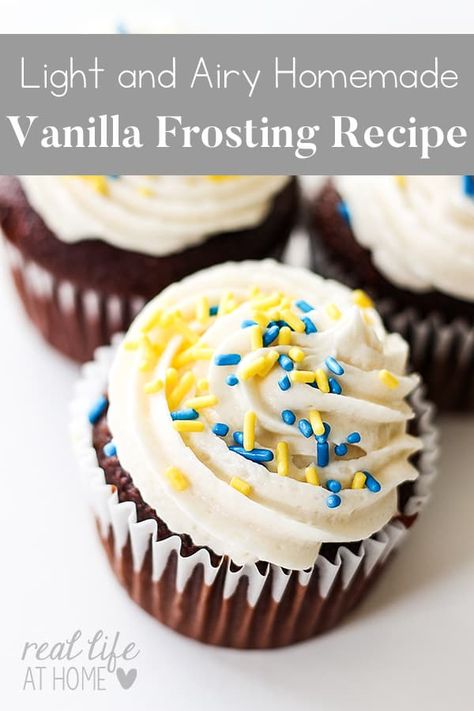 Light and Airy Homemade Vanilla Frosting Almond Buttercream Frosting Recipe, Vanilla Frosting Recipe, Homemade Vanilla Frosting, Vanilla Frosting Recipes, Fluffy Light, Chocolate Raspberry Cake, Baking Fun, Buttercream Frosting Recipe, Yummy Dessert