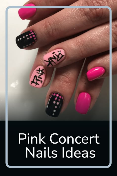 Get ready to rock and roll at the next Pink concert with these bold and vibrant nail designs inspired by the pop superstar herself. From edgy patterns to glittery accents, these nails will make sure you stand out in the crowd while showing your love for P!nk. Don't miss out on this opportunity to elevate your concert experience - try these P!nk concert nails today and let your inner rockstar shine! Nails For A Pink Concert, Pink Singer Inspired Nails, Pink Rock Nails, Rock Concert Nails Ideas, Pink Concert Nails Ideas, P!nk Concert Outfit Ideas 2023, P!nk Concert Nails, P!nk Outfits Concerts, Nails For Pink Concert