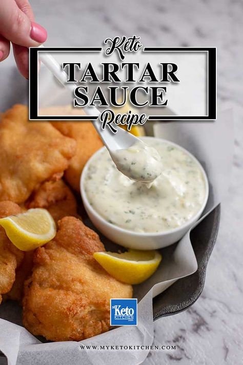 The BEST EVER Keto Tartar Sauce - QUICK Homemade Recipe. This low carb condiment recipe is quick and easy to make. It's high in fat and high on flavor. Perfect served with seafood, it's healthy and paleo. #ketorecipes Keto Tartar Sauce, Low Carb Tartar Sauce, Keto Tartar Sauce Recipe, Keto Condiments Recipes, Keto Gravy, Keto Sauce, Keto Condiments, Keto Dips, Condiments Recipes