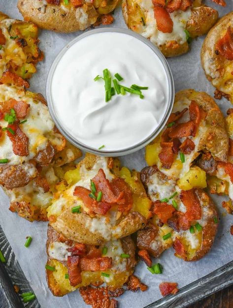 Cheesy Smashed Potato Bites | Butter Your Biscuit Potato Bites, Glass Dishes, Dipping Sauce, Side Dishes, Biscuits, Sauce, Snacks