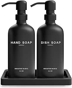 Black Glass Hand and Dish Soap Dispenser Set by Brighter Barns - Kitchen Soap Dispenser Set with Tray - Matte Black Soap Dispenser for Kitchen Sink - Black Kitchen Decor, Bathroom Accessories (Black) Kitchen Decor Black, Hand And Dish Soap Dispenser, Soap Dispenser Set, Modern Black Kitchen, Black Kitchen Decor, Black Stuff, Barn Kitchen, Black Sink, Dish Soap Dispenser