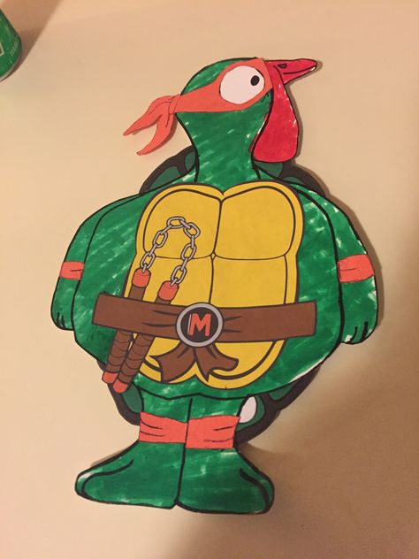 Tom the Turkey in disguise as Michelangelo the Ninja Turtle. Ninja Turtle Disguise A Turkey, Disguise A Turkey Ninja Turtle, Ninja Turkey In Disguise, Ninja Turtle Turkey Disguise, Tom The Turkey Disguise, Turkey Disguised, Disguise The Turkey, Disguise A Turkey Project, Disguise Turkey