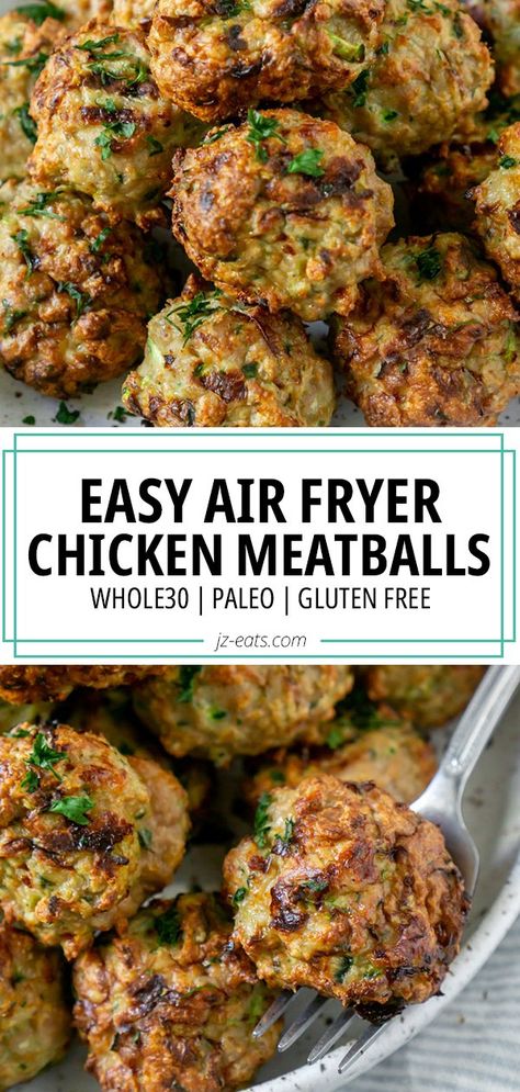 Ground Chicken Zucchini, Air Fryer Chicken Meatballs, Air Fryer Meatballs, Chicken Meatballs Healthy, Ground Chicken Meatballs, Juicy Meatballs, Chicken Meatball Recipes, Best Air Fryer, Ground Chicken Recipes