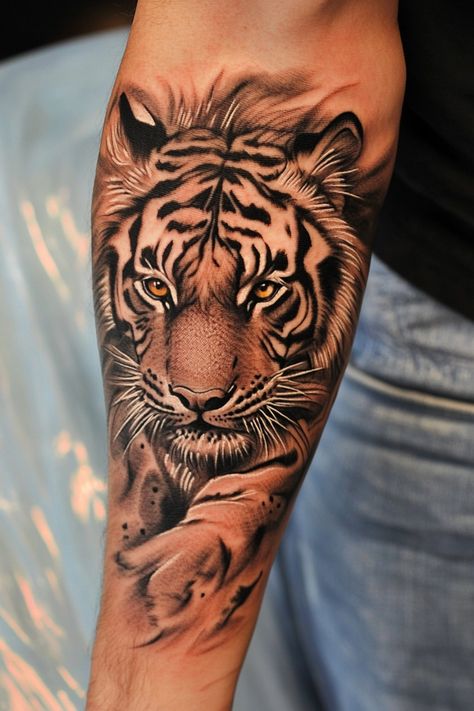 Tiger tattoo on a person's forearm with detailed shading and realistic design. Male Tiger Tattoo, Tiger Tattoo Design Men, Korean Tiger Tattoo, Fierce Tiger Tattoo, Arm Tattoos Tiger, Tiger Tattoo Ideas, Tiger Outline, Tiger Tattoo Designs, Tiger Head Tattoo