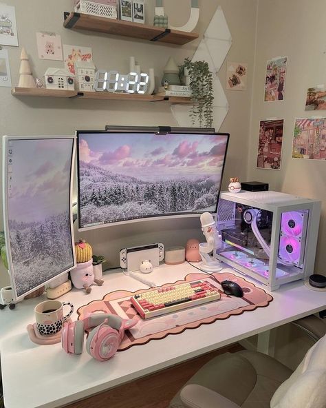 cozygaming nintendoswitch kawaii cozygamer desksetup gamingsetup setup flatlay gamingflatlay aesthetics explore gamergirls squishmallow pcsetup gamingcommunity aesthetic Boho Pc Gaming Setup, L Shaped Desk Setup Aesthetic, Pastel Gaming Room, Female Gaming Setup, Computer Set Up Aesthetic, Pc Aesthetic Setup, Aesthetic Pc Setup, Cozy Pc Setup, Studio Seni