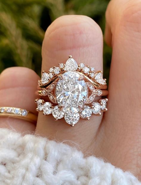 Oval Diamond Engagement Ring Set with Vintage-Inspired Bands | Ken & Dana Engagement Ring Stack, Pretty Engagement Rings, Cute Engagement Rings, Future Engagement Rings, Oval Diamond Ring, Oval Diamond Engagement, Oval Diamond Engagement Ring, Dream Engagement Rings, Diamond Engagement Ring Set