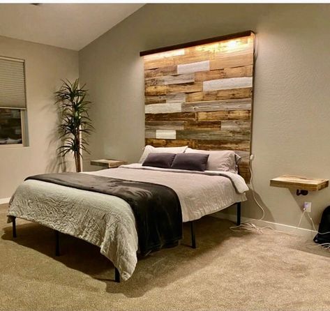 Tall wall headboard reclaimed modern rustic wood king queen with lightbar by LavinderLullabies on Etsy Full Wall Headboard Wood, Gray And Wooden Bedroom, Shiplap Headboard With Lights, Wall Mounted Headboard Ideas Wood, Wall Mount Headboard Ideas, Led Headboard Diy, Bed Attached To Wall, Wood Headboard Bedroom Ideas, Tall Wooden Headboard