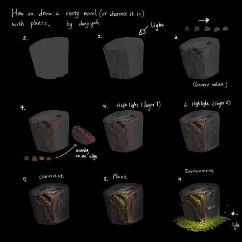 Rust Digital Art Tutorial, How To Draw Rusty Metal, Rust Drawing Texture, How To Draw Metal, Rust Drawing, Ching Yeh, Painting Rusty Metal, Material Reference, Metal Drawing