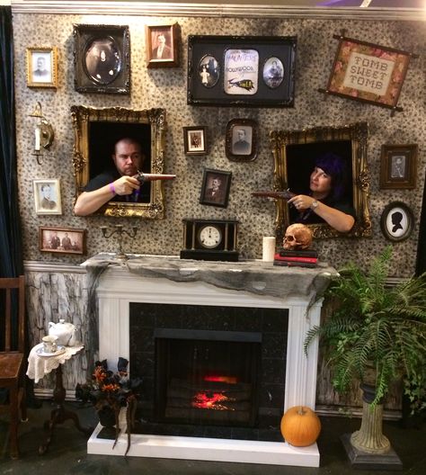 Our Halloween photo op complete with Haunted Mansion inspired photo "duel". #socalvalleyhaunters Haunted Mansion Decor, Faux Wall, Halloween Fireplace, Halloween Photo Booth, Faux Walls, Photo Cutout, Haunted Dollhouse, Halloween Photography, Haunted Hotel