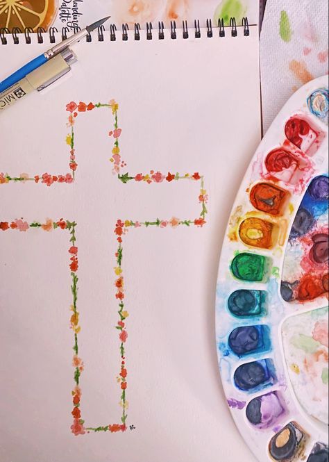 Cross Art Aesthetic, Cute God Paintings, Easy Christian Canvas Painting, Simple Cross Painting, Simple Christian Paintings On Canvas, Easy Christian Drawings Art Journaling, Bible Quote Painting, Easy Cross Painting, Preppy Watercolor Paintings